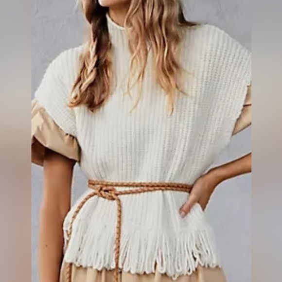 Anthropologie Off White Mock Neck Buttoned Poncho with Fringes. - Picture 2 of 9